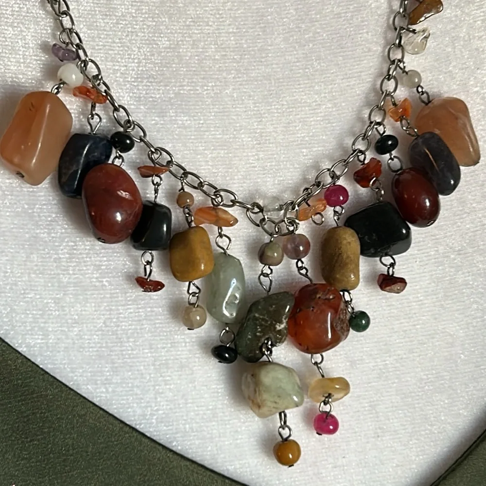 Handcrafted Multi Gemstone Bead Confetti Chandelier Drop Silver Tone Necklace